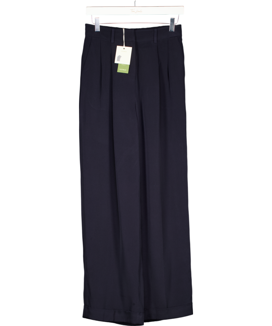 Lily Silk Blue Wide Leg Turnover Hem Silk Trousers UK 10