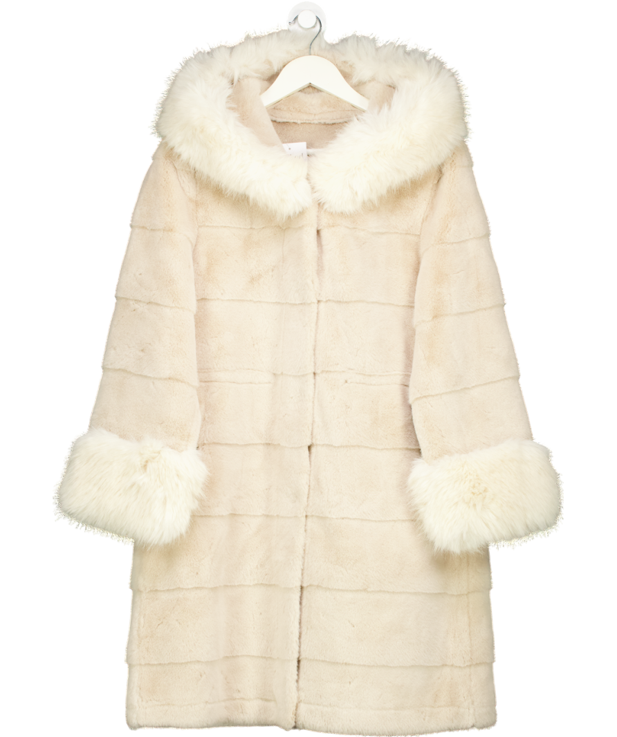 Feitu Beige Long Faux Fur Coat With Hood UK S