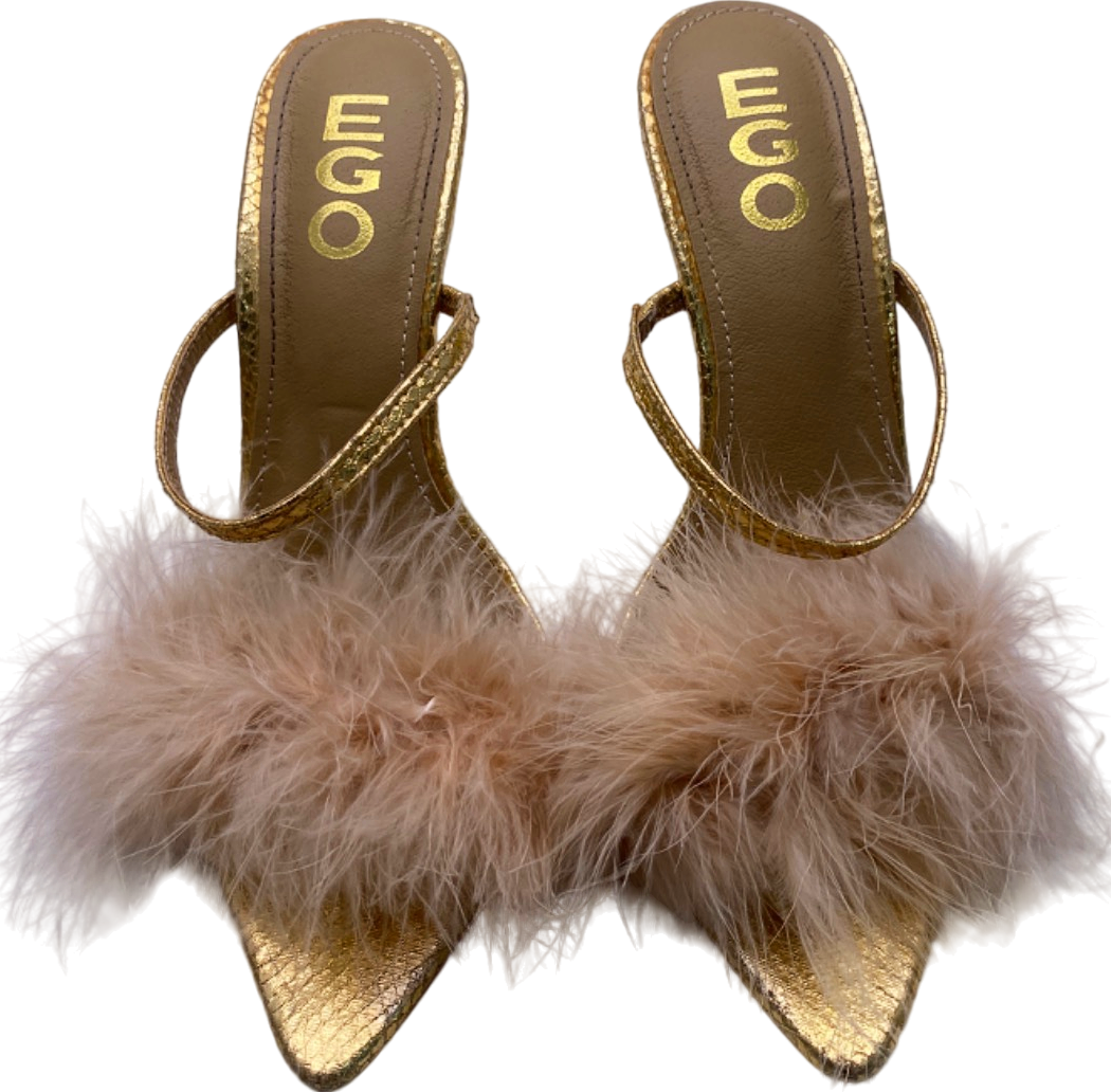 EGO Gold Faux Fur Feathered High Heels Sandals UK 5