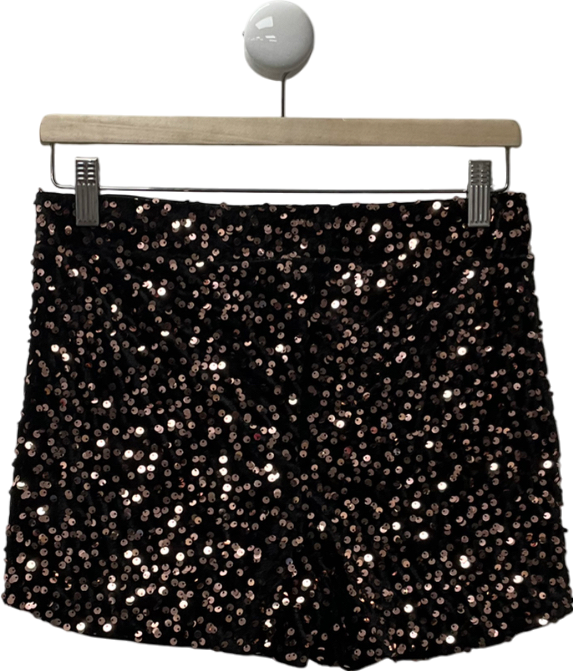 Ego Low Waist Bronze Sequin Hot Pant Shorts In Black Velvet UK 12