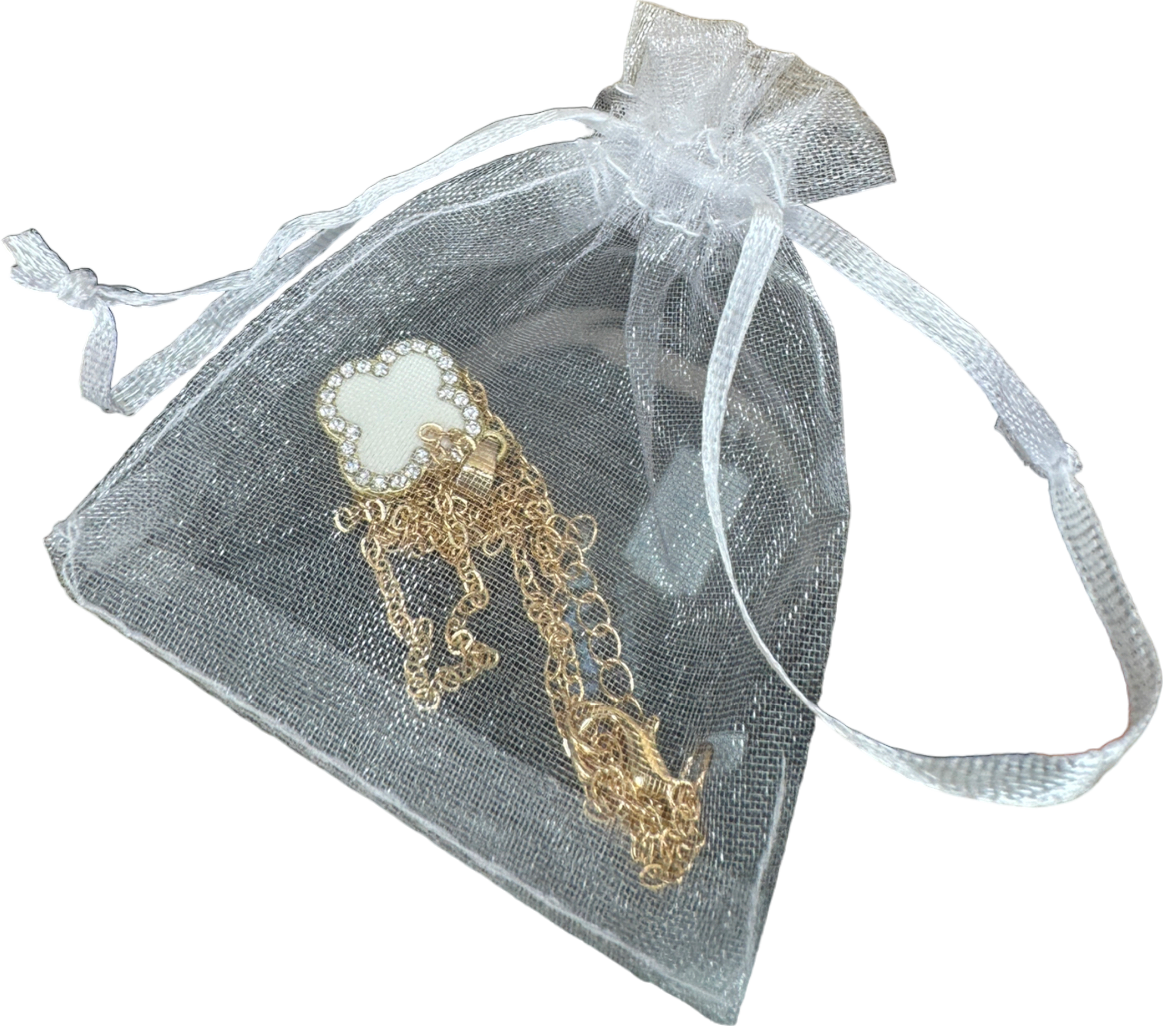 Ivory/gold Crystal Clover Necklace In Tulle Gift Bag