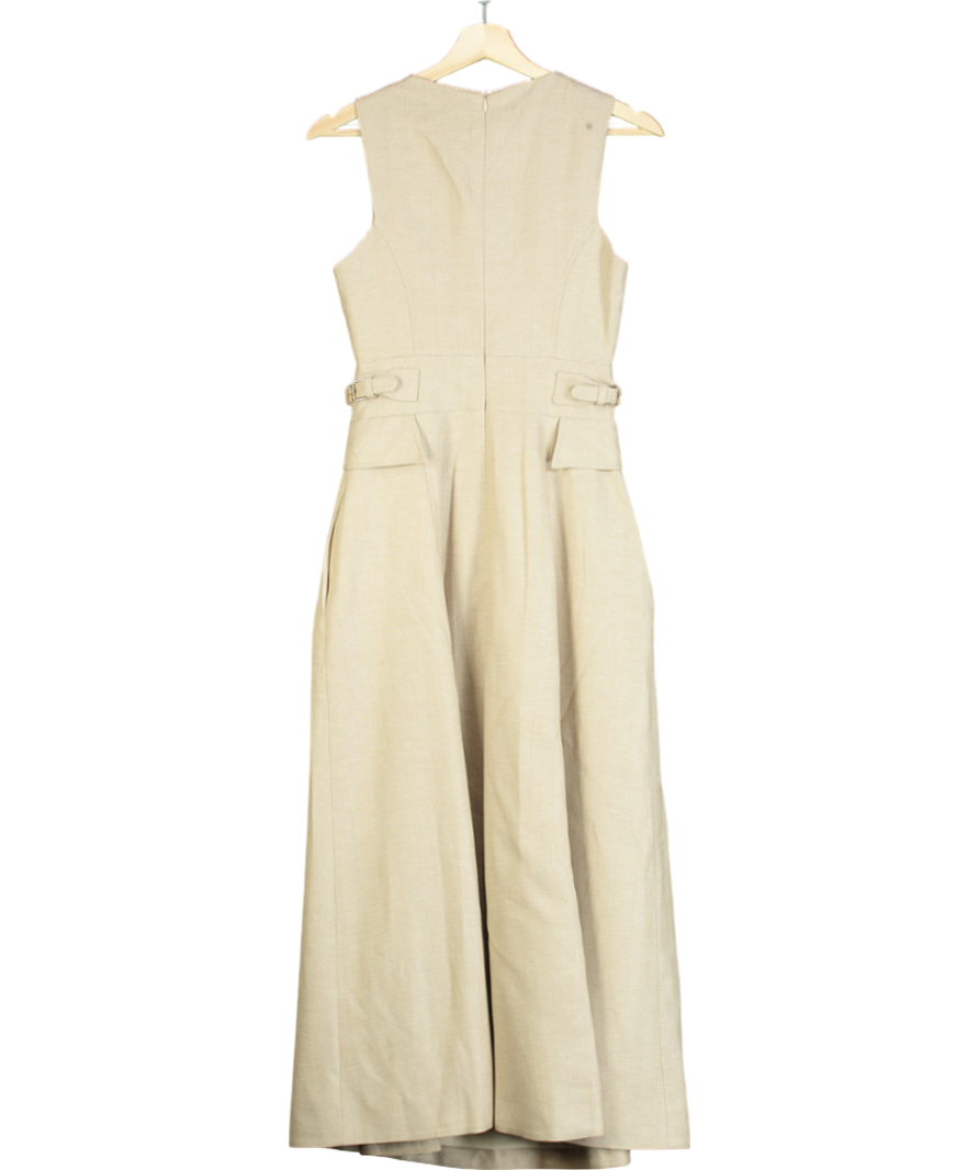 Karen Millen Beige Premium Linen Tab Waist Detail Full Skirt Tailored Midi Dress UK 6