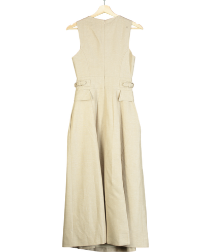 Karen Millen Beige Premium Linen Tab Waist Detail Full Skirt Tailored Midi Dress UK 6