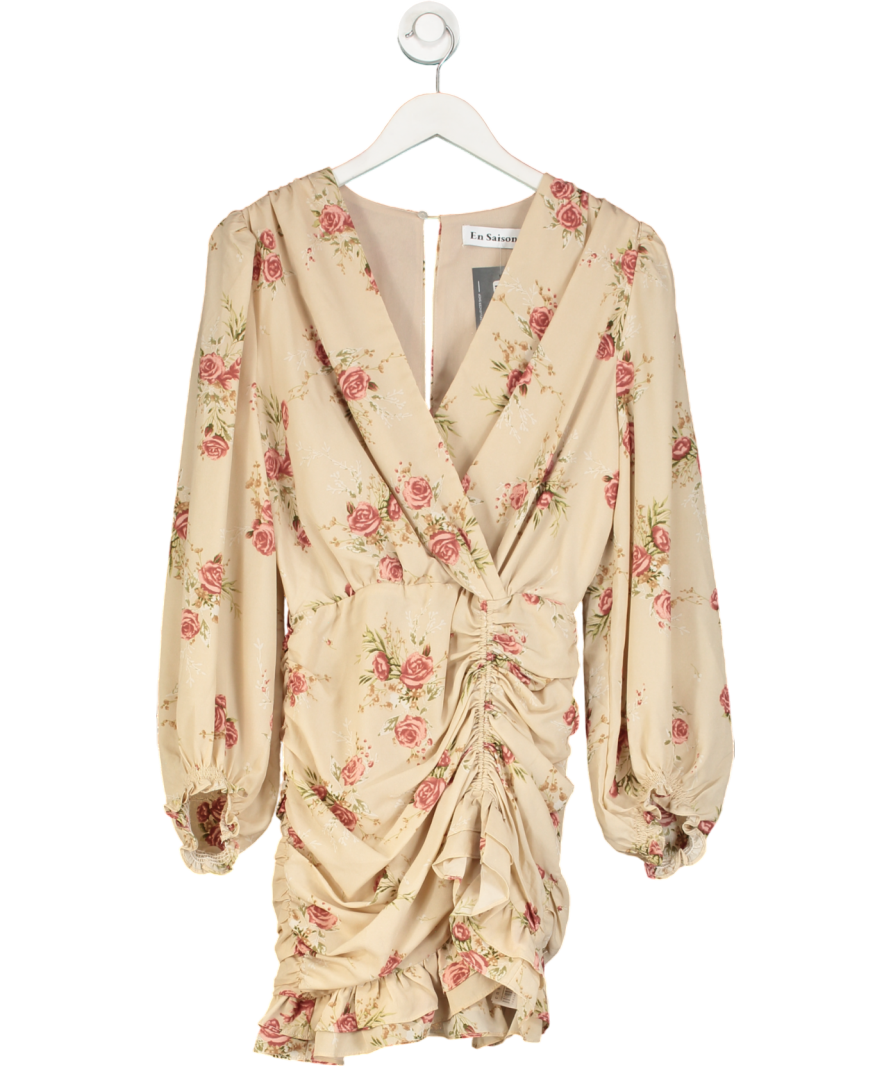 En Saison Beige Floral Ruched Side Mini Dress UK XS