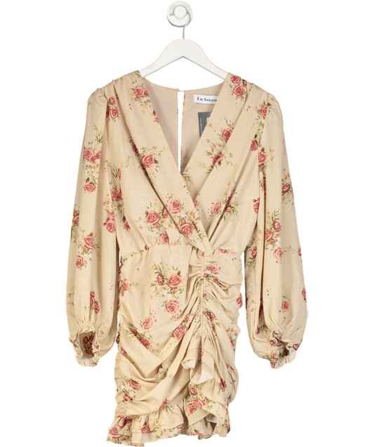 En Saison Beige Floral Ruched Side Mini Dress UK XS