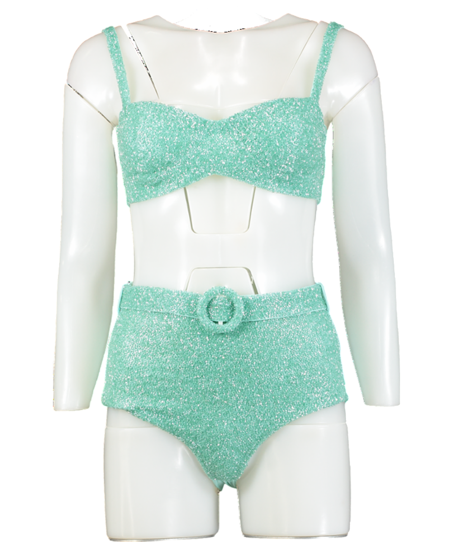 Oceanus daphne Aqua High waisted  Athena 2-piece Beaded Bikini Set UK XS