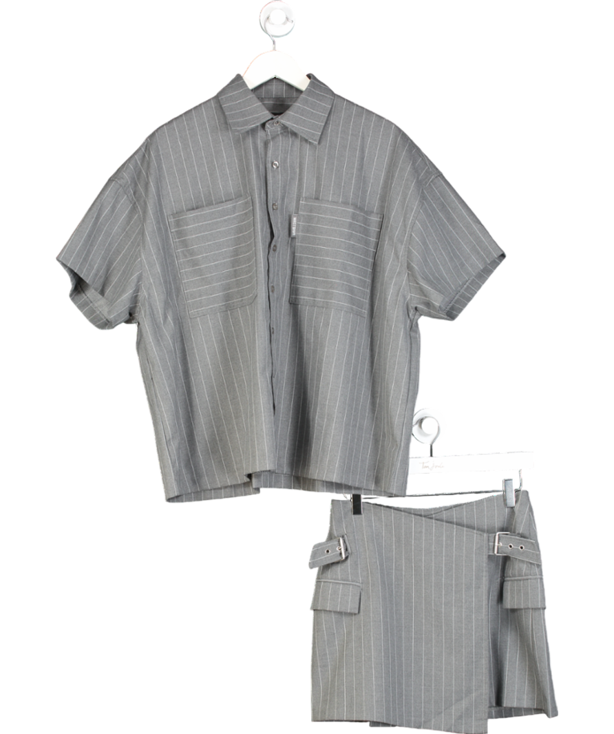 WRSTBHVR Grey Pinstripe Shirt & Wrap Skirt Set UK XS/S