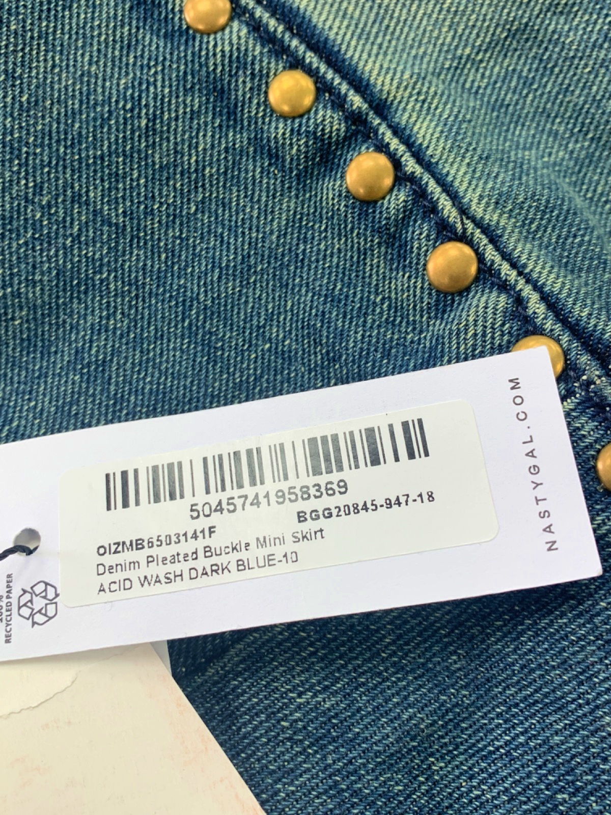Nasty Gal Acid Wash Dark Blue Denim Pleated Buckle Mini Skirt UK 10