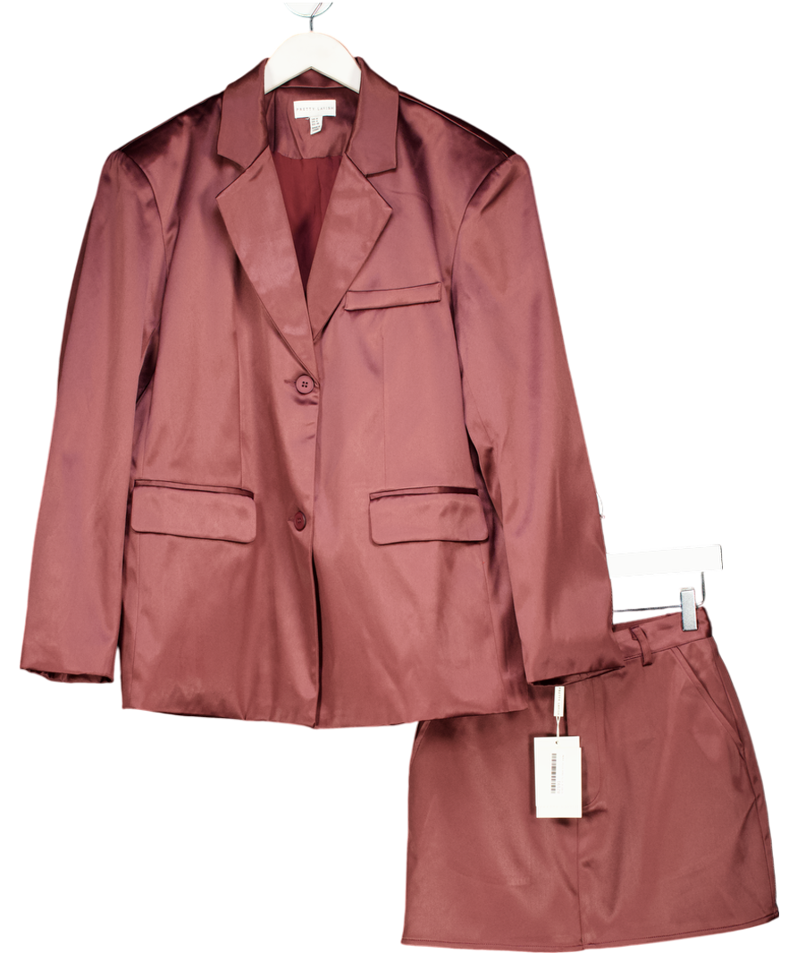 PRETTY LAVISH 2-piece Burgundy Red Beck Satin Oversized Dad Blazer (UK 8) & Skirt Set UK 6