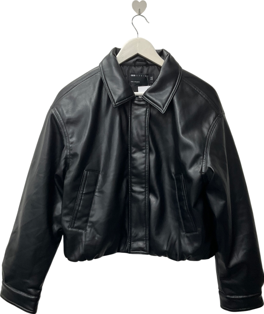 ASOS Clean Leather Look Bomber Jacket In Black UK 10