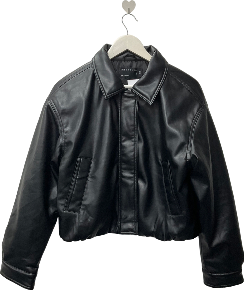 ASOS Clean Leather Look Bomber Jacket In Black UK 10