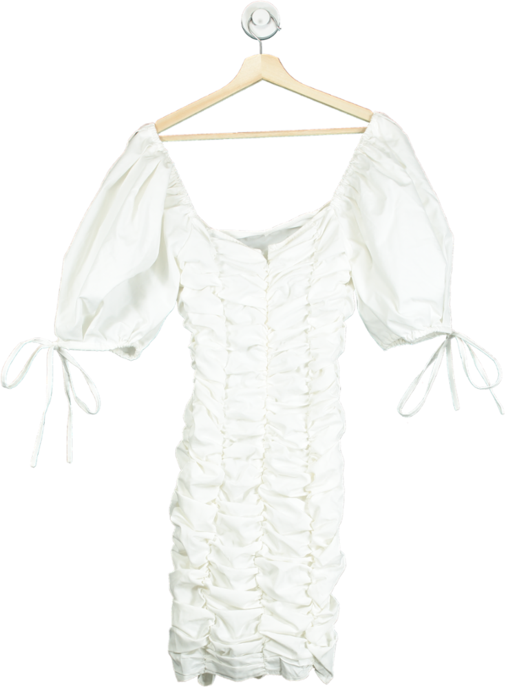 Misspap White Ruched Puff Sleeve Square Neck Dress UK 8