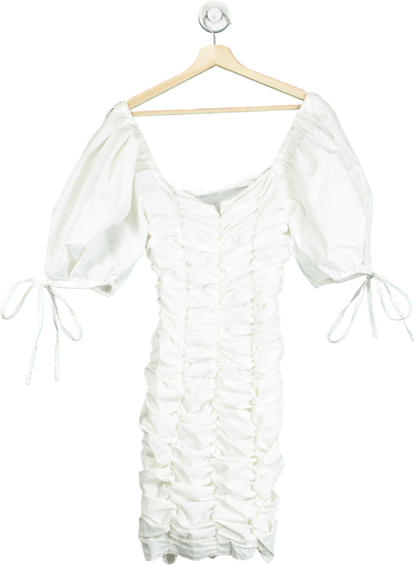 Misspap White Ruched Puff Sleeve Square Neck Dress UK 8