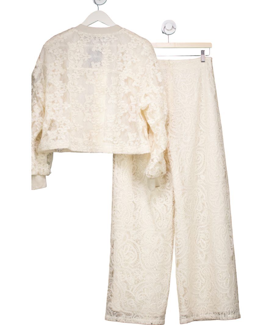 Rich Radi Q Cream Lace And Sequin Bomber Jacket And Trousers Set UK M