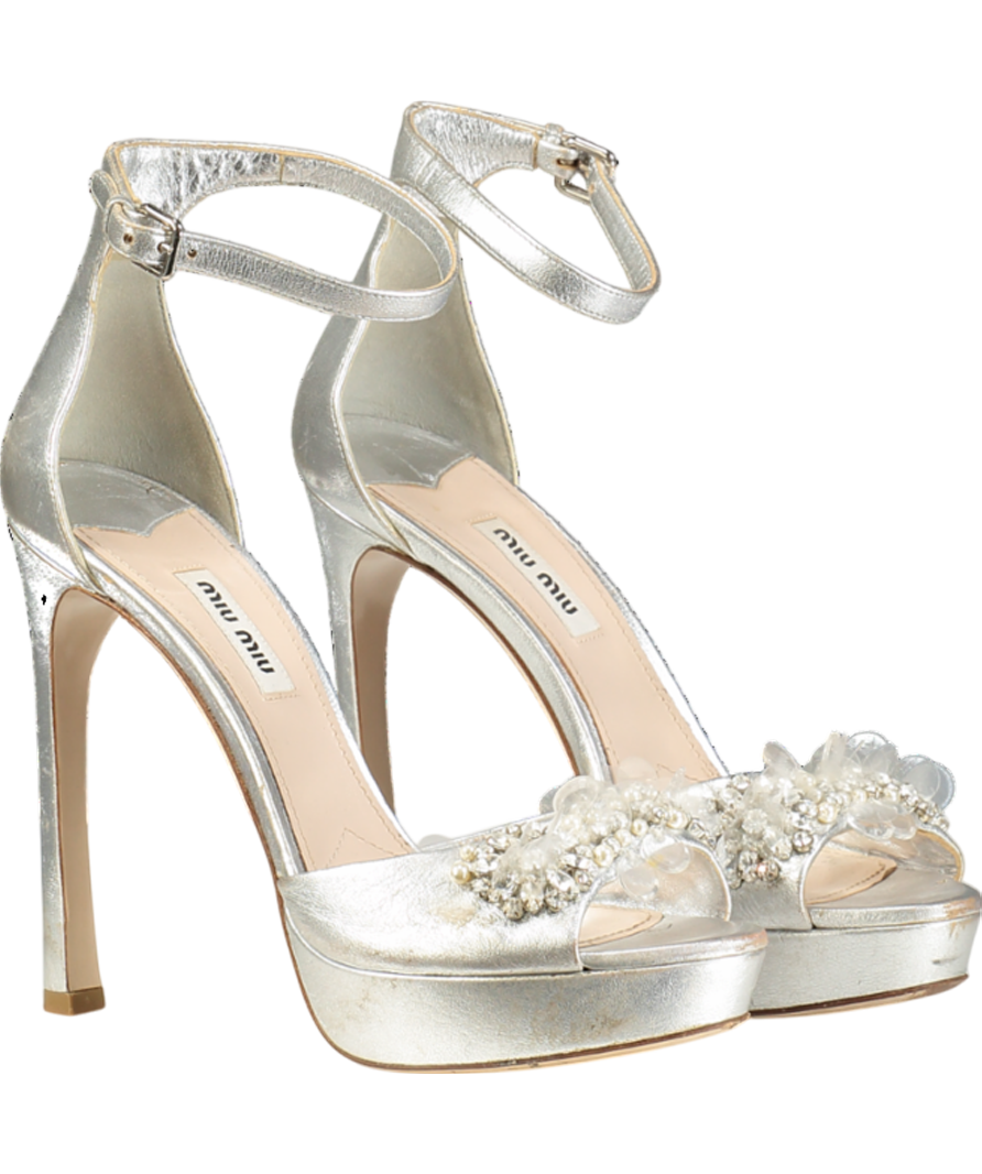 Miu Miu Metallic Leather Crystal Embellished Platform Ankle Strap Sandals UK 5 EU 38 👠