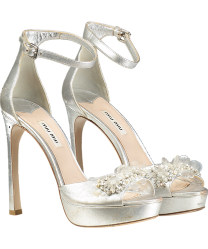 Miu Miu Metallic Leather Crystal Embellished Platform Ankle Strap Sandals UK 5 EU 38 👠