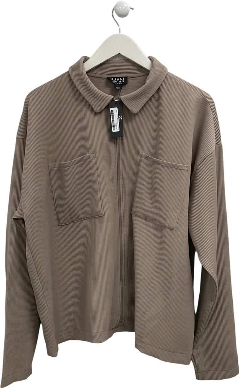 boohooMan Brown Pleated Boxy Zip Through Collared Shirt UK M