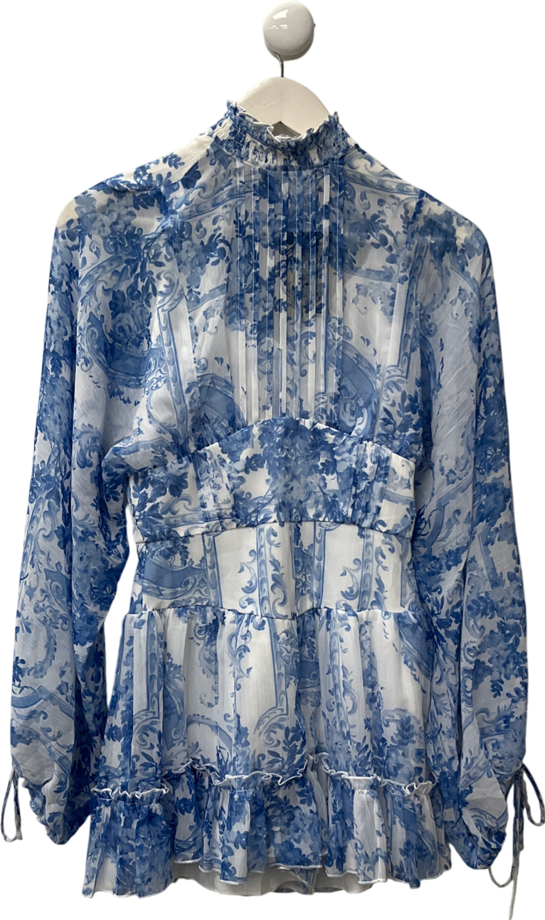 ASOS Blue Crinkle Chiffon Scarf Print Playsuit UK 8