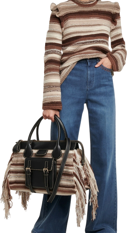 CHLOE Brown Edith Large Fringe-trimmed Striped Cashmere And Leather Tote Bag