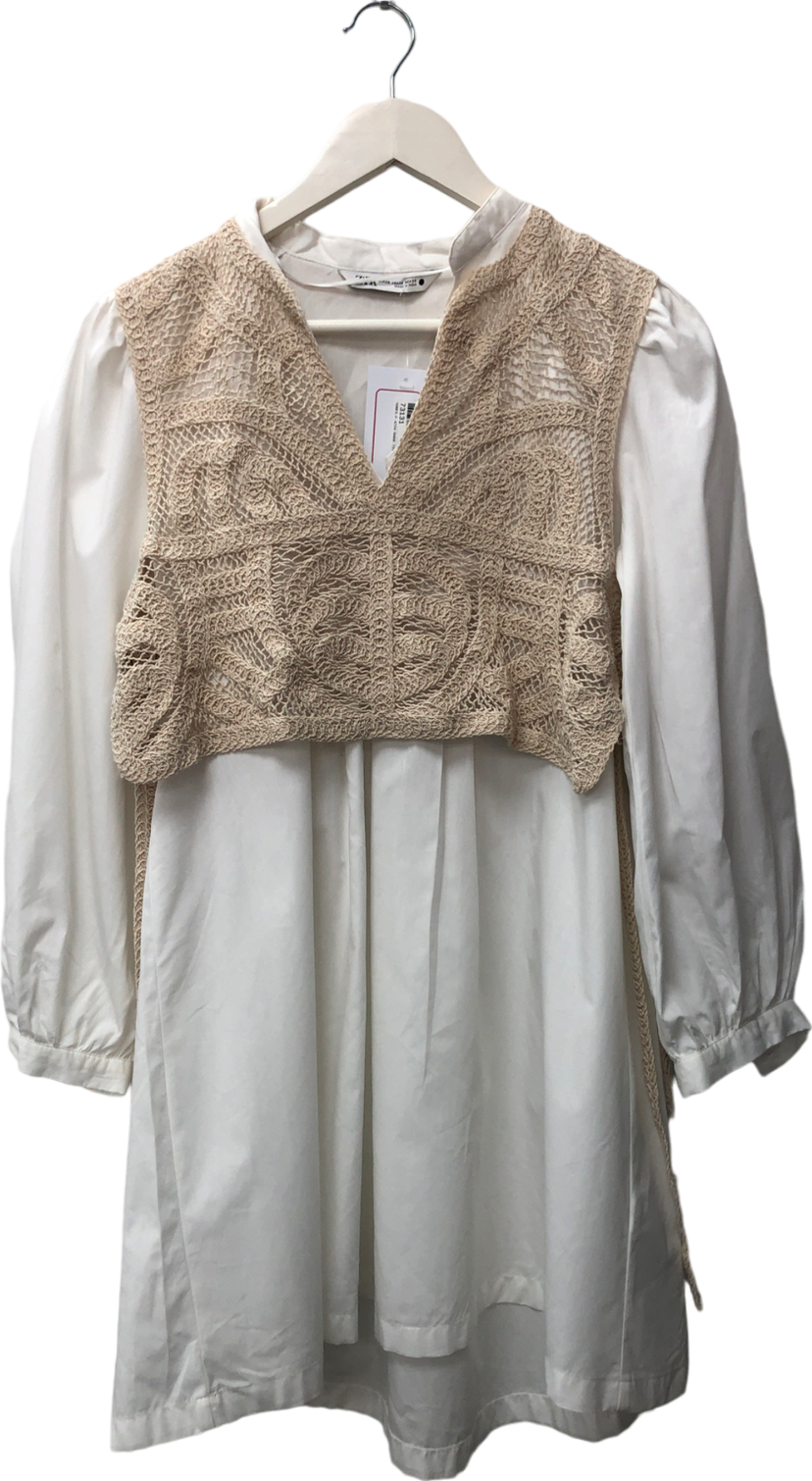 ZARA White Long Sleeve Dress With A Slot Collar. Layered Crochet Waistcoat Detail. Asymmetric Hem. UK 8