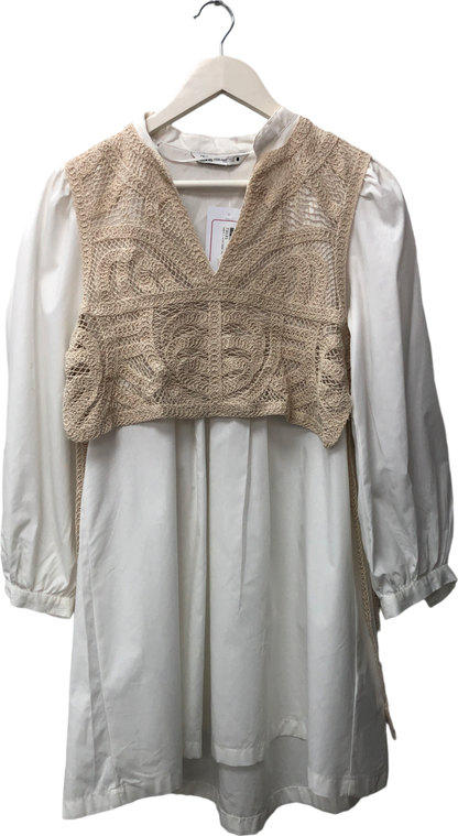 ZARA White Long Sleeve Dress With A Slot Collar. Layered Crochet Waistcoat Detail. Asymmetric Hem. UK 8