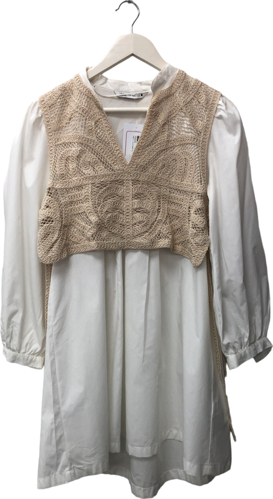 ZARA White Long Sleeve Dress With A Slot Collar. Layered Crochet Waistcoat Detail. Asymmetric Hem. UK 8