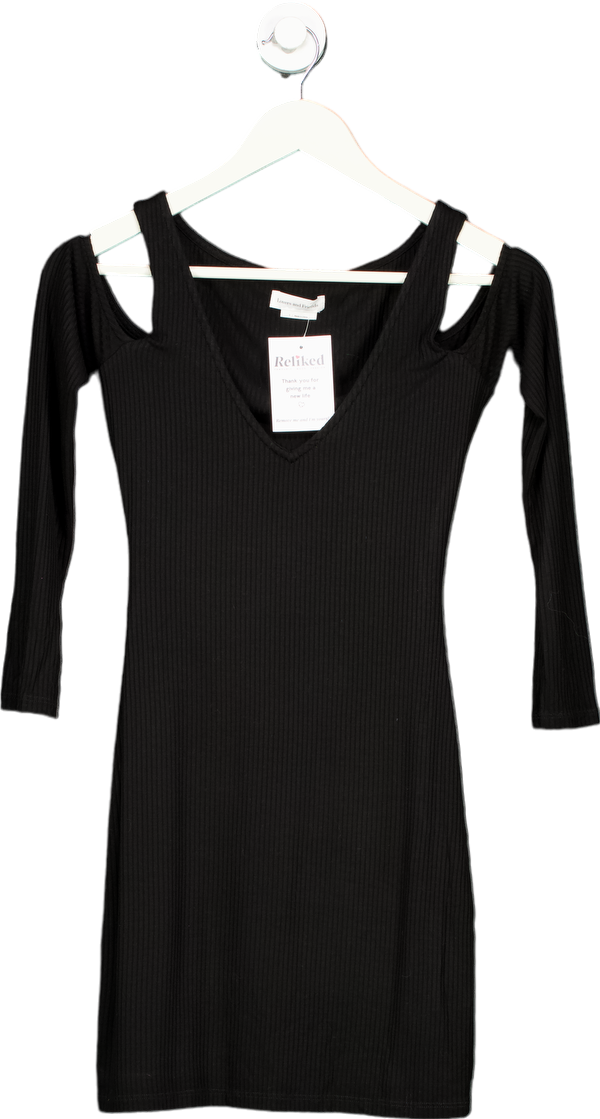 Refined Black Ribbed Cold Shoulder Dress UK S