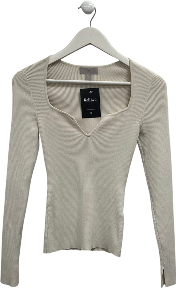 H&M Cream Rib Knit Sweetheart Neckline Top UK S