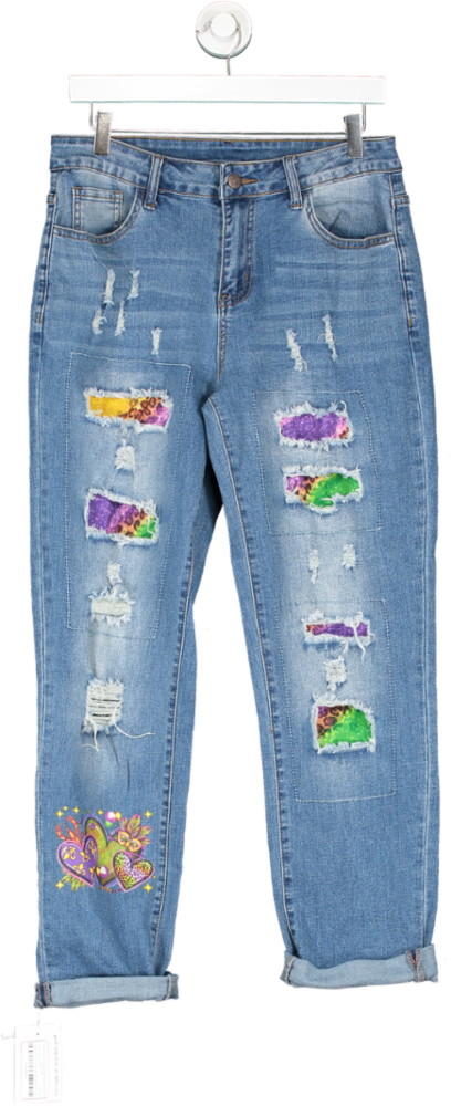 Evaless Blue Madi Gras Carnival Heart Print Ripped Patchwork Casual Jeans UK 8