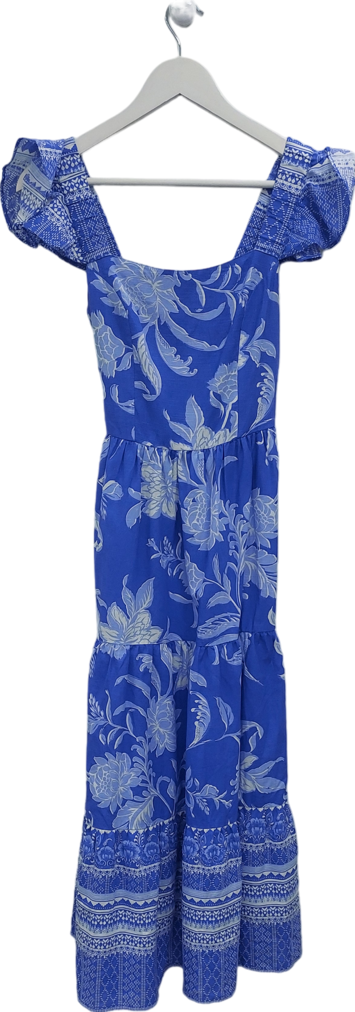 lipsy london Blue Ruffle Floral Belted Midi Linen Look Dress UK 10