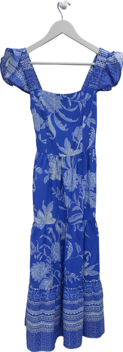 lipsy london Blue Ruffle Floral Belted Midi Linen Look Dress UK 10