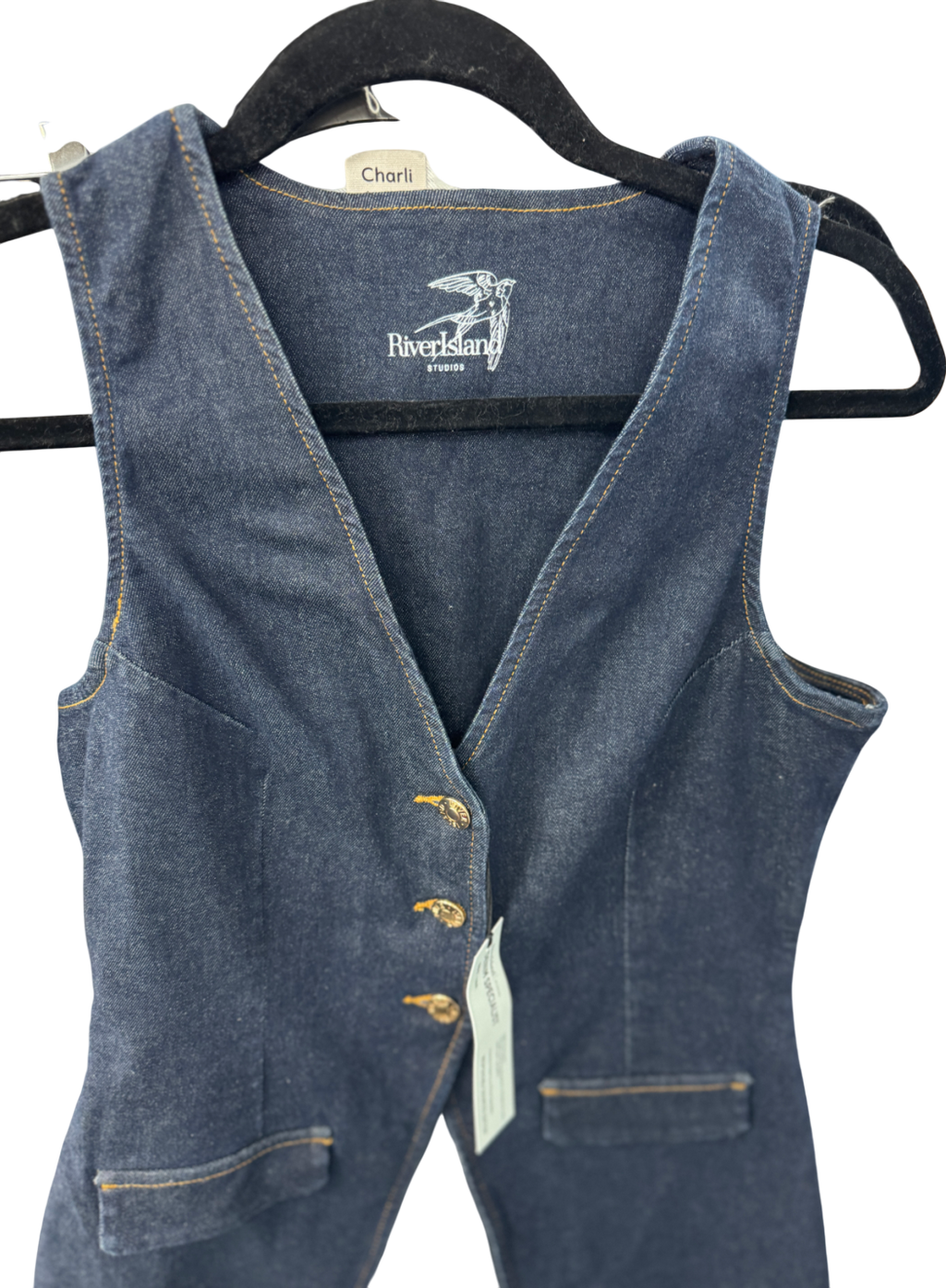 River Island Studio Blue Denim Waistcoat Top UK 8