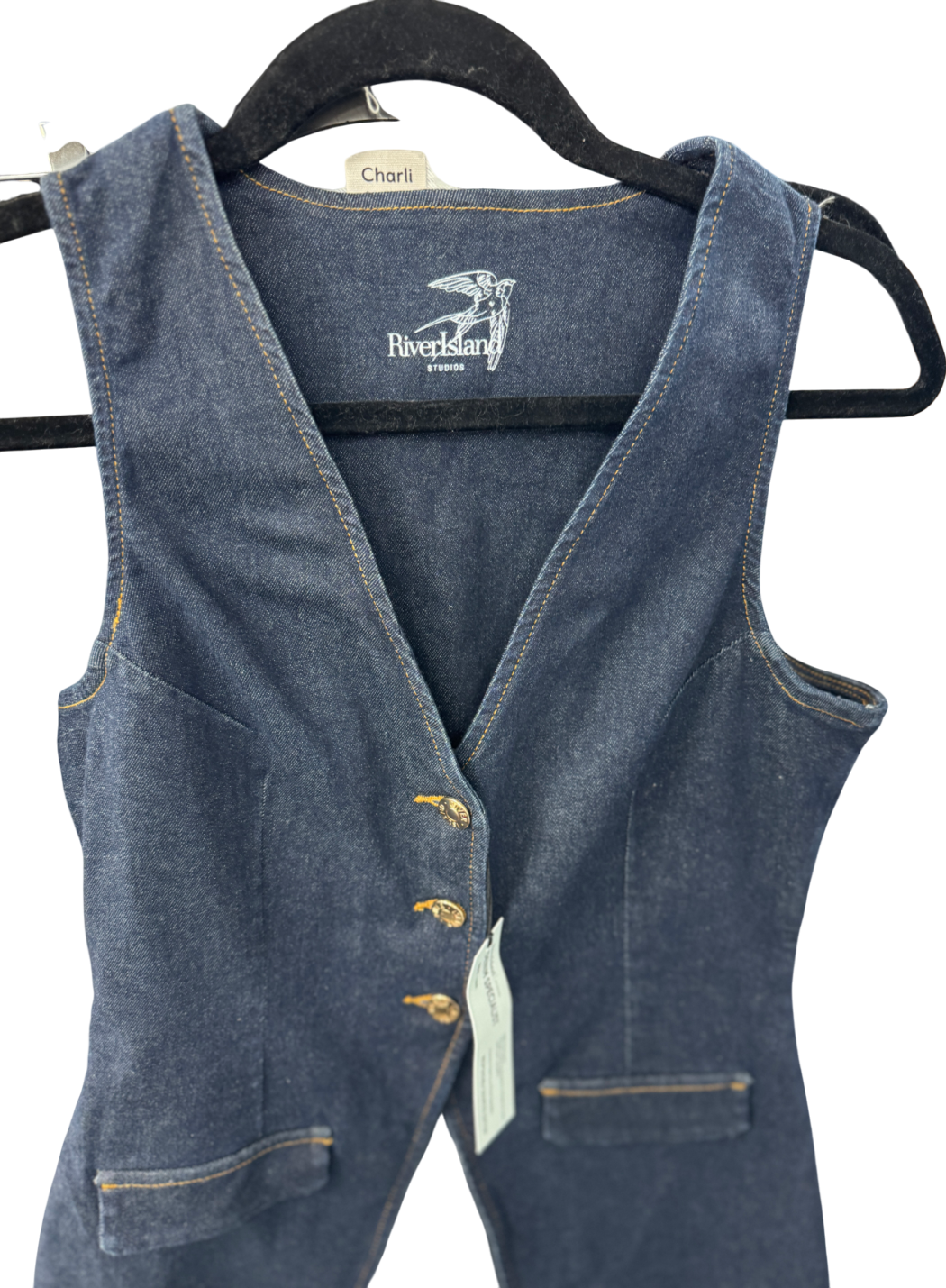River Island Studio Blue Denim Waistcoat Top UK 8