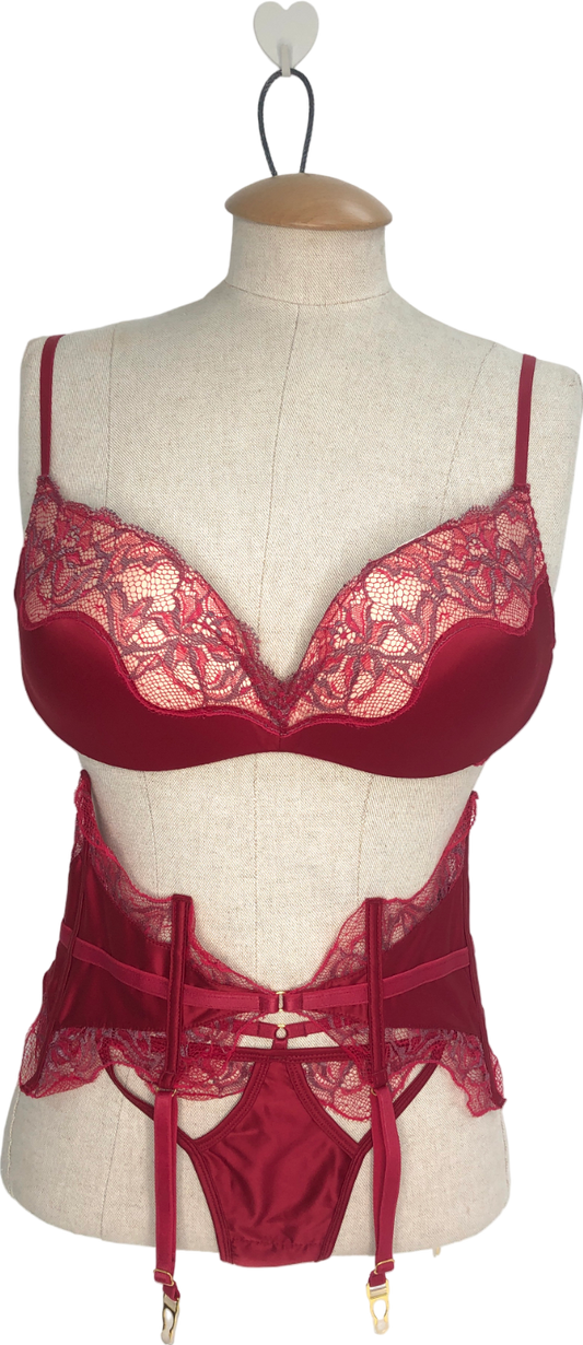 God Saves Queens Red Scarlett Wire Free Bra In Large, Thong And Garter Belt UK S
