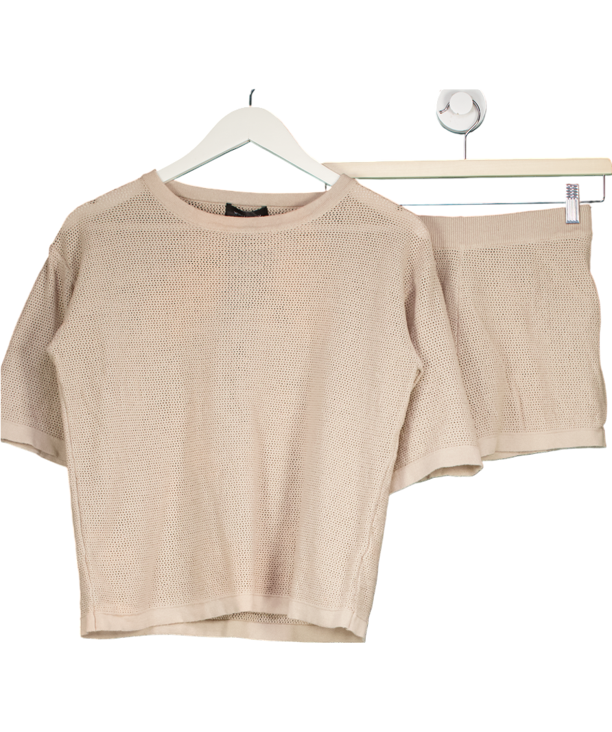 White Fox Beige Crochet Knitted T-shirt Top And Short UK S