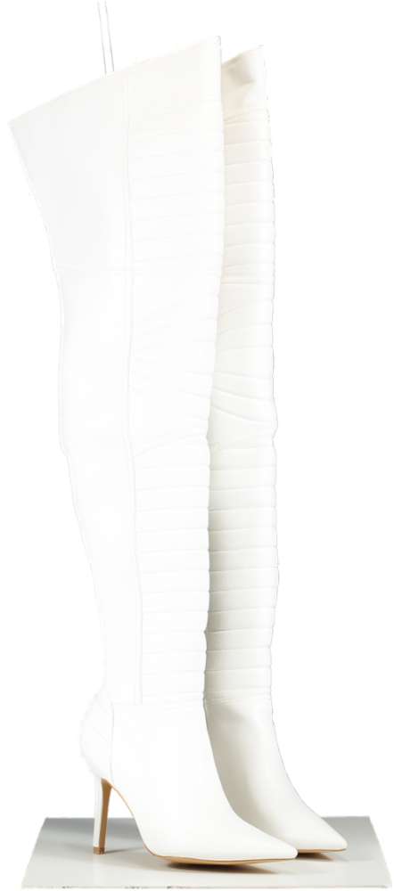 Nasty Gal White Faux Leather Padded Motocross Thigh High Boots UK 7 EU 40 👠