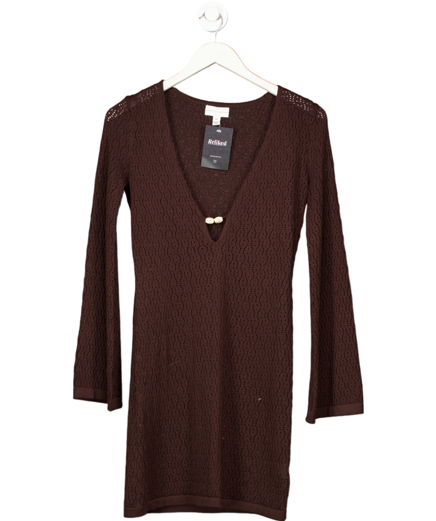 PRETTY LAVISH Brown Madeline Crochet Beaded Knit Mini Dress UK XS