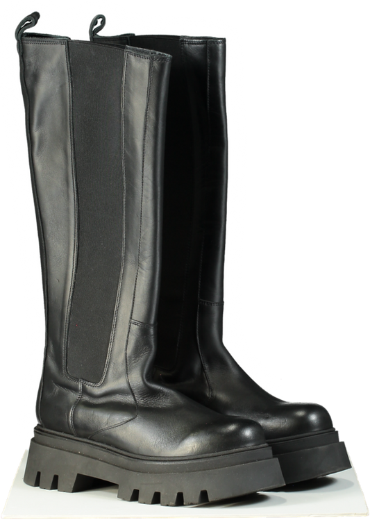 ALOHAS Black Leather Chunky Knee High Boots UK 7 EU 40