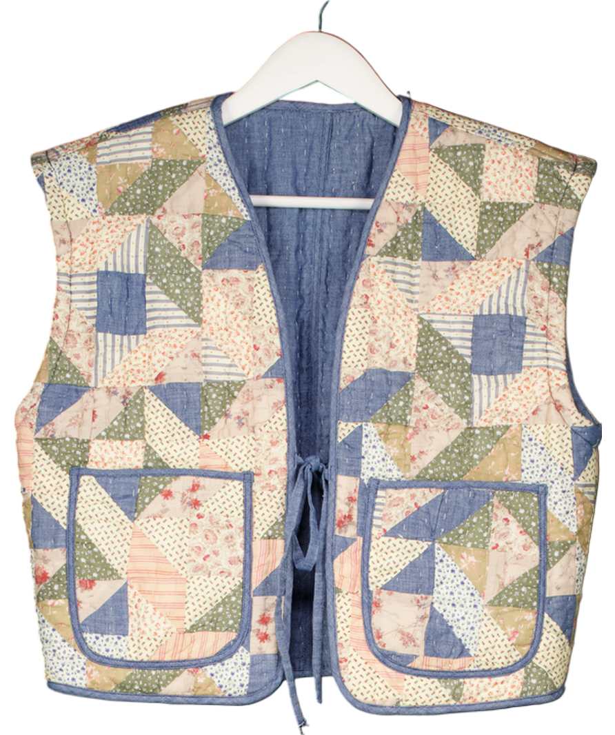 Polo Ralph Lauren Blue Reversible Bora Stitching Patchwork Quilted Vest Jacket UK S