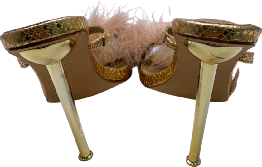EGO Gold Faux Fur Feathered High Heels Sandals UK 5