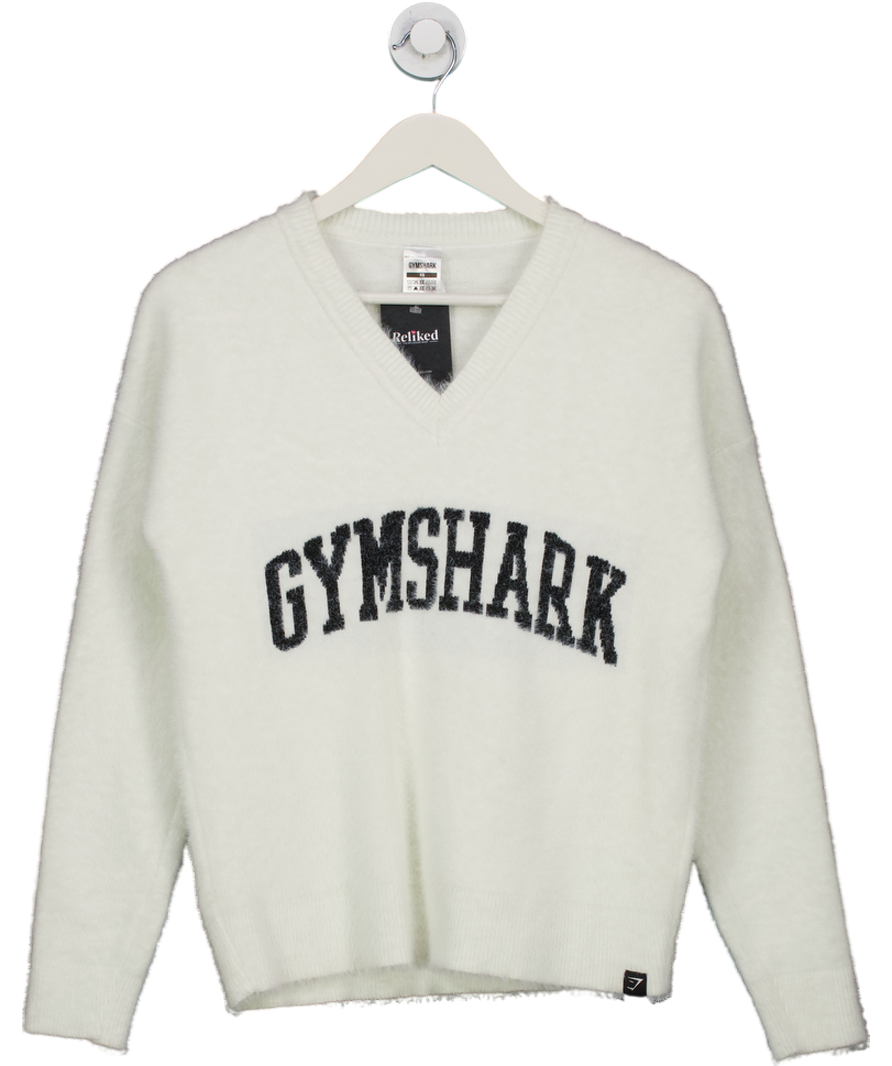 gymshark White V-neck Knitted logo Jumper UK XS