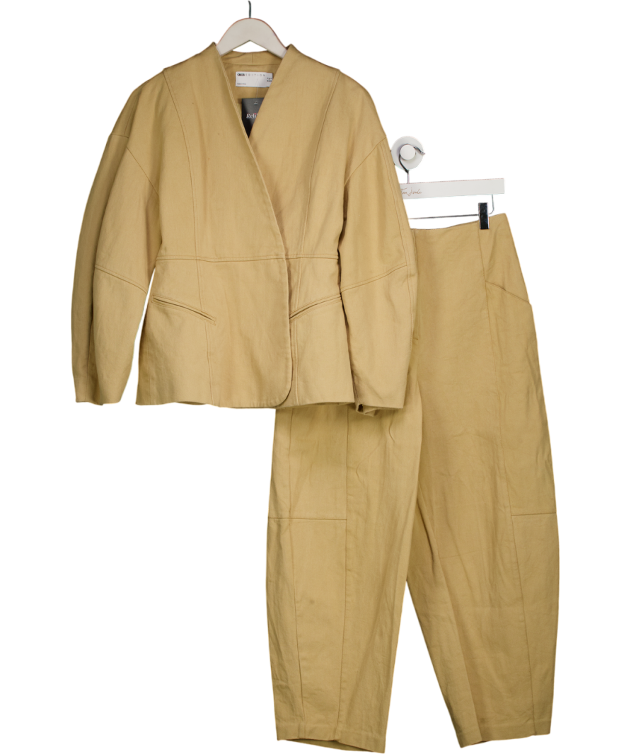 ARRANGE 2-piece  Beige Twill Jacket With Ovoid Sleeve And Cinched Waist And Barrel Trousers UK 8