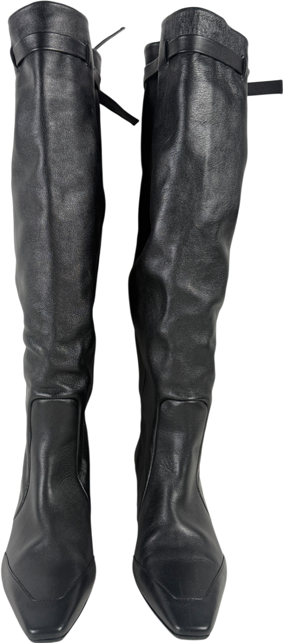 ZARA Black Soft Leather Slouch Tie Back Boots UK 7 EU 40 👠