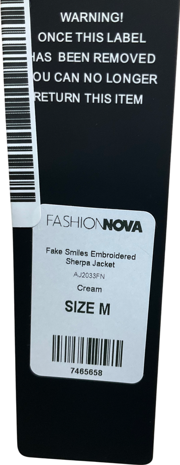 Fashion Nova Cream Fake Smiles Embroidered Sherpa Jacket UK M