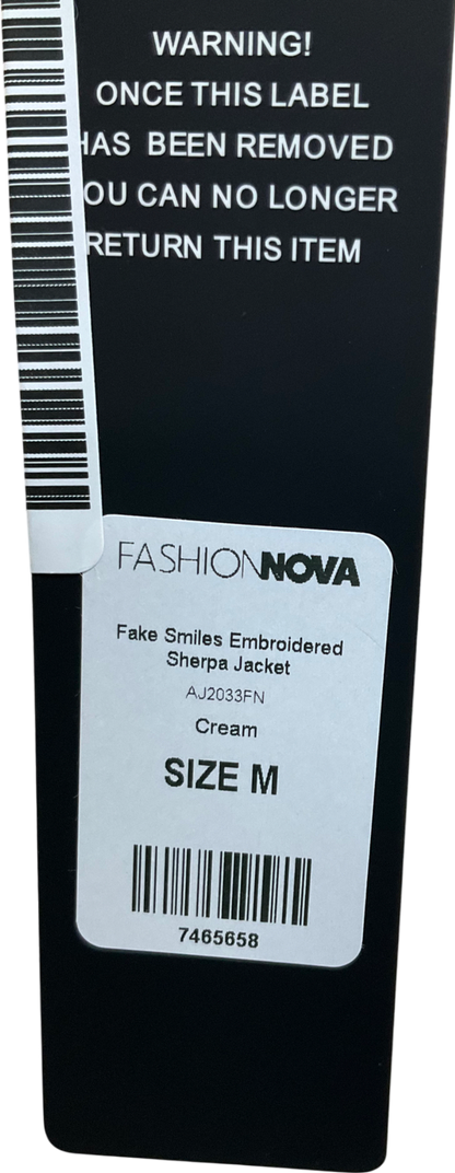 Fashion Nova Cream Fake Smiles Embroidered Sherpa Jacket UK M