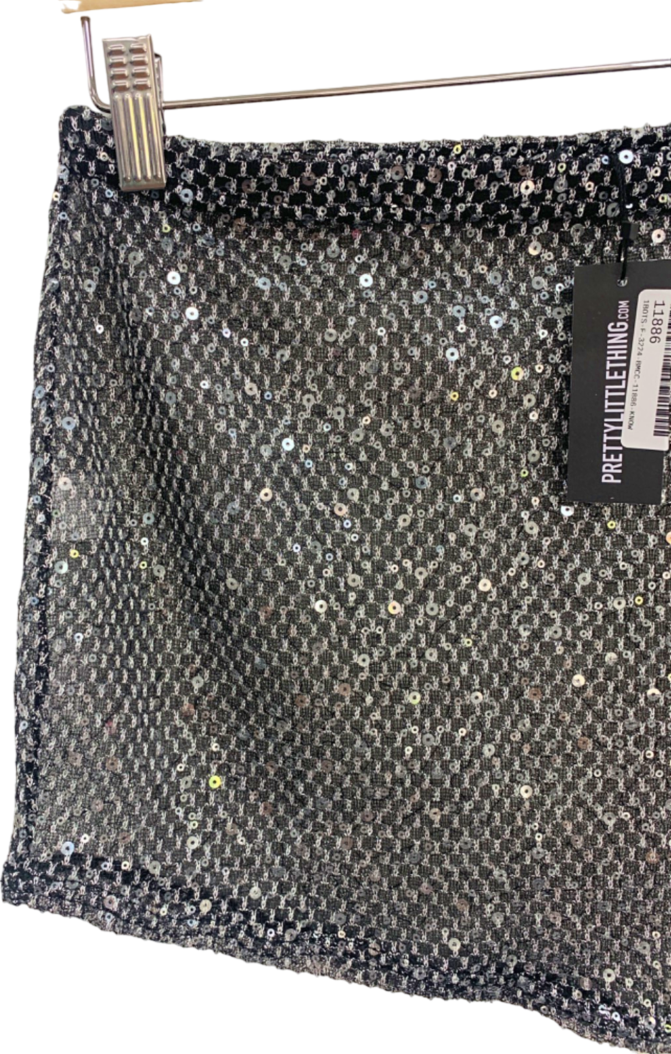 PrettyLittleThing Black Sequin Sheer Mini Skirt UK 10
