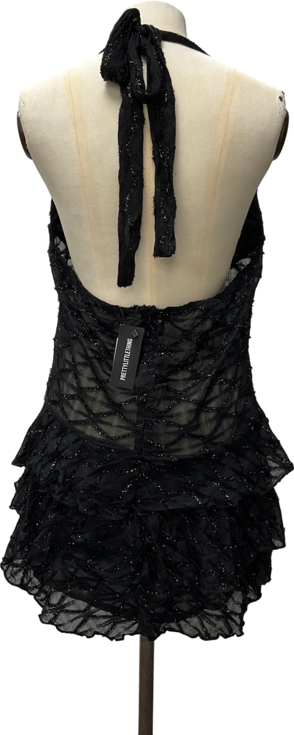 PrettyLittleThing Black Glitter Detail Ruffle Mini Dress UK 14