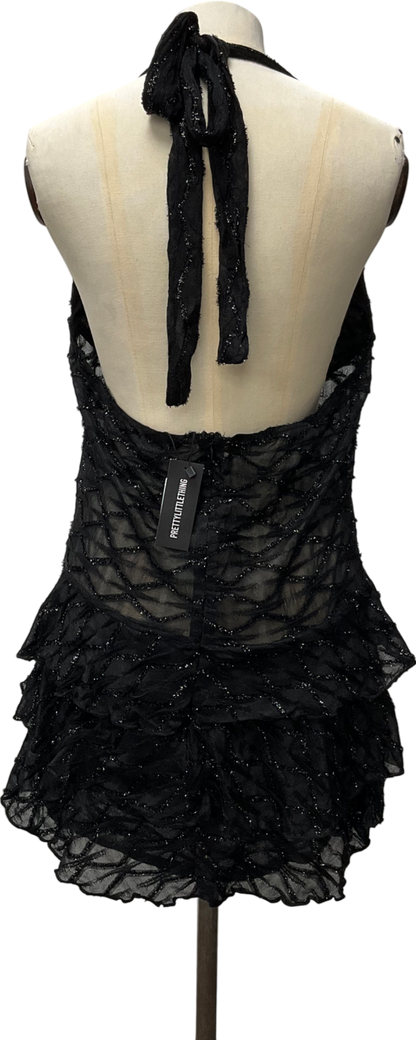 PrettyLittleThing Black Glitter Detail Ruffle Mini Dress UK 14