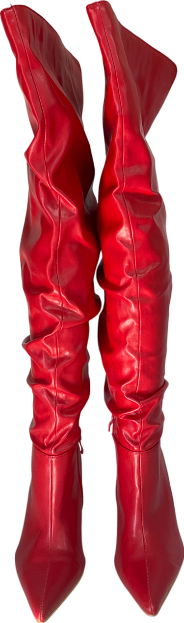 PrettyLittleThing Cherry Red Point Toe Patent Pu Angled Edge Knee High Heeled Boots UK 6 EU 39 👠