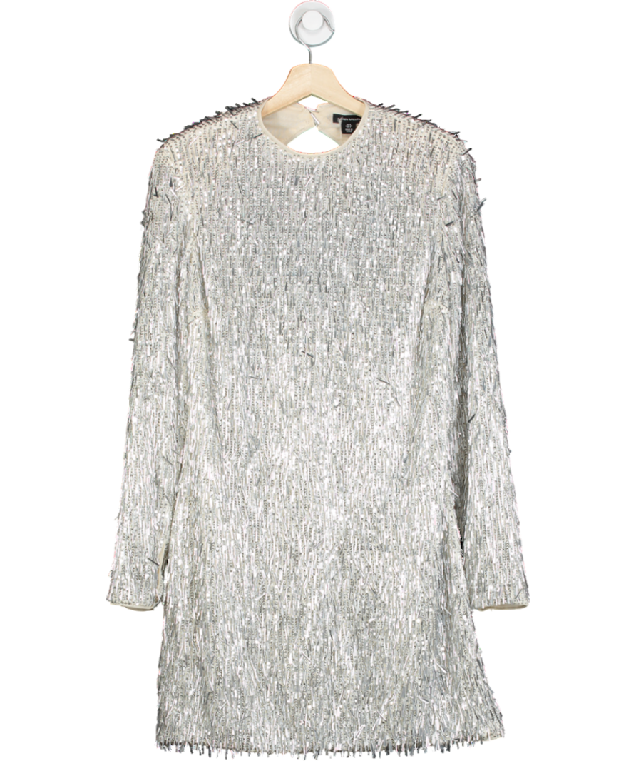 Karen Millen Metallic Sequin Strong Shoulder Cut Out Back Woven Mini Dress UK 8